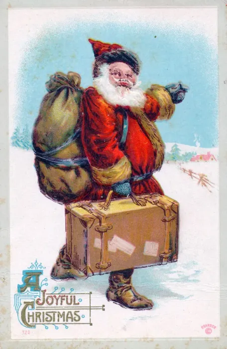Framed Print : Santa Claus with sack and suitcase on a Christmas postcard Framed Print : Santa Claus with sack and suitcase on a Christmas postcard