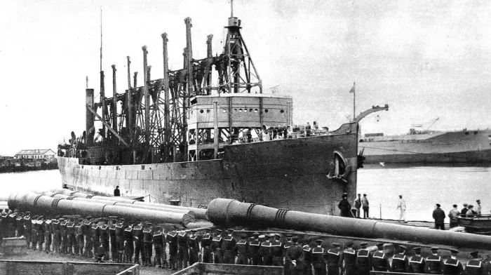 Framed Print : The Santa Claus ship from the United States, with big naval guns in the foreground Framed Print : The Santa Claus ship from the United States, with big naval guns in the foreground