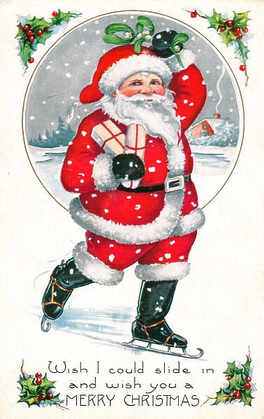 Santa Claus skating on a Christmas postcard