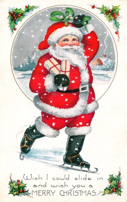 Framed Print : Santa Claus skating on a Christmas postcard Framed Print : Santa Claus skating on a Christmas postcard