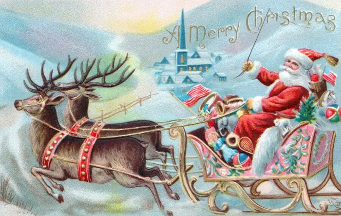 Framed Print : Santa Claus in his sleigh on a Christmas postcard Framed Print : Santa Claus in his sleigh on a Christmas postcard