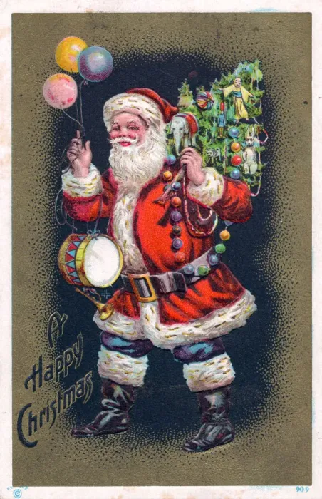 Framed Print : Santa Claus with tree and balloons on a Christmas postcard Framed Print : Santa Claus with tree and balloons on a Christmas postcard