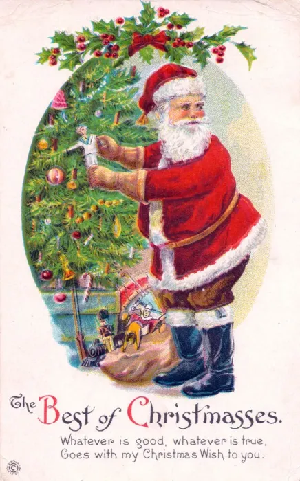Framed Print : Santa Claus with tree on a Christmas postcard Framed Print : Santa Claus with tree on a Christmas postcard