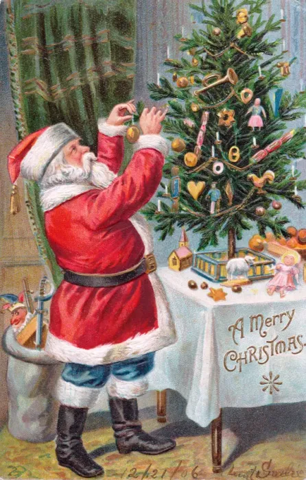 Framed Print : Santa Claus with tree on a Christmas postcard Framed Print : Santa Claus with tree on a Christmas postcard
