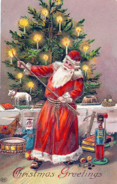 Framed Print : Santa Claus with tree on a Christmas postcard Framed Print : Santa Claus with tree on a Christmas postcard