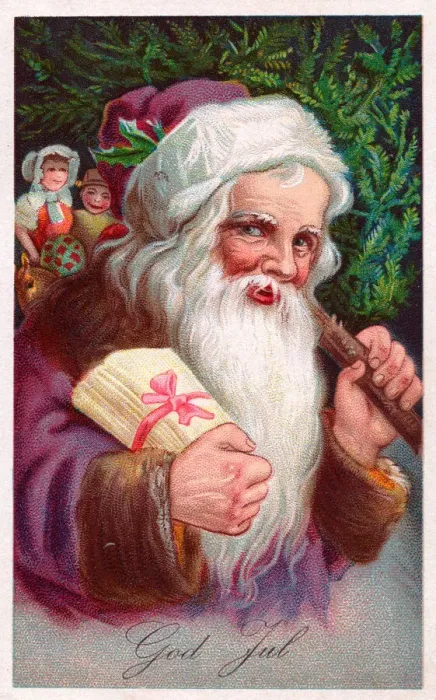 Framed Print : Santa Claus with tree on a Danish Christmas postcard Framed Print : Santa Claus with tree on a Danish Christmas postcard
