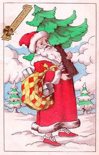 Santa Claus with tree on a French Christmas postcard