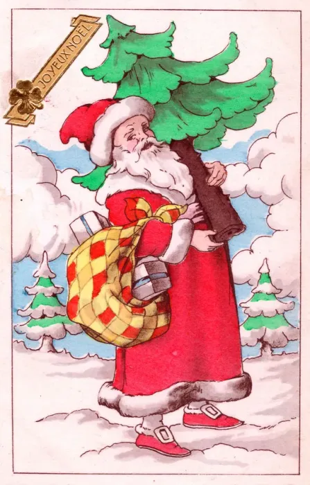 Framed Print : Santa Claus with tree on a French Christmas postcard Framed Print : Santa Claus with tree on a French Christmas postcard