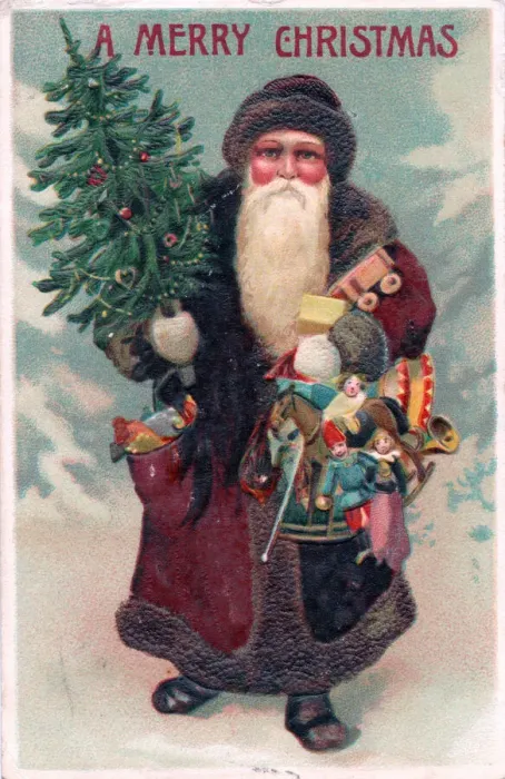 Framed Print : Santa Claus with tree and sack on a Christmas postcard Framed Print : Santa Claus with tree and sack on a Christmas postcard