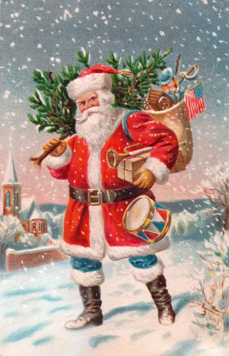 Framed Print : Santa Claus with tree and sack on a Christmas postcard Framed Print : Santa Claus with tree and sack on a Christmas postcard