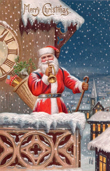 Santa Claus with trumpet on a Christmas postcard