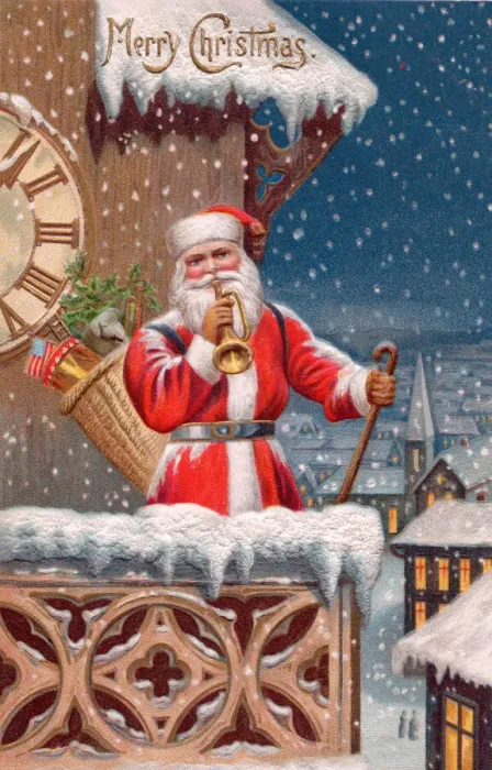 Framed Print : Santa Claus with trumpet on a Christmas postcard Framed Print : Santa Claus with trumpet on a Christmas postcard