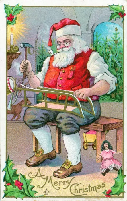 Framed Print : Santa Claus in his workshop on a Christmas postcard Framed Print : Santa Claus in his workshop on a Christmas postcard