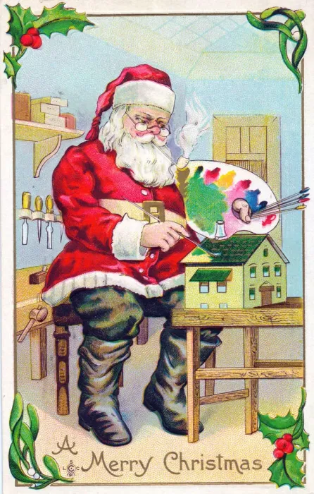 Framed Print : Santa Claus in his workshop on a Christmas postcard Framed Print : Santa Claus in his workshop on a Christmas postcard