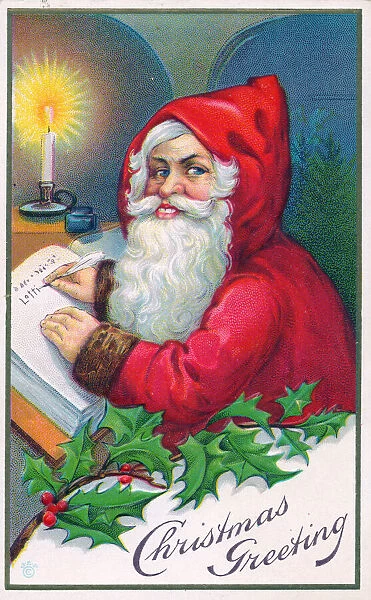 Santa Claus writing in a book on a Christmas postcard
