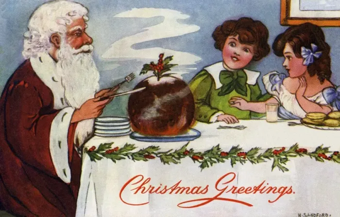 Framed Print : Santa cuts the Xmas pudding by Hilda Dix Sandford Framed Print : Santa cuts the Xmas pudding by Hilda Dix Sandford