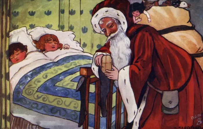 Framed Print : Santa filling the stockings by Hilda Dix Sandford Framed Print : Santa filling the stockings by Hilda Dix Sandford