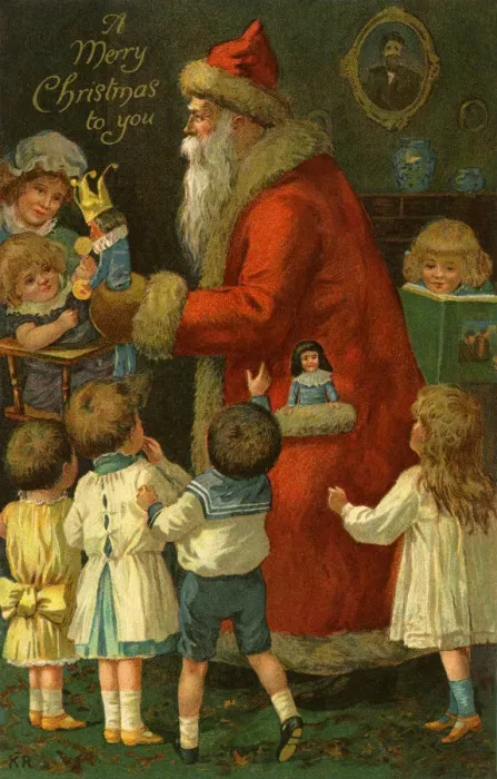 Framed Print : Santa handing gifts to children Framed Print : Santa handing gifts to children