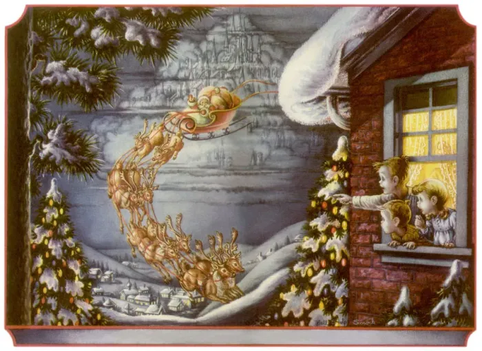 Framed Print : Santa over Town Date: 1950 Framed Print : Santa over Town Date: 1950