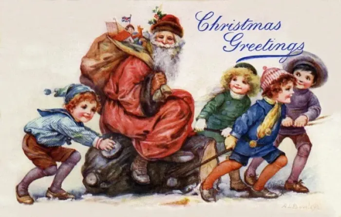 Framed Print : Santa on yule log with children Framed Print : Santa on yule log with children