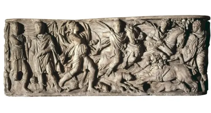 Framed Print : Sarcophagus with hunting scene, 3rd c AD. Roman Framed Print : Sarcophagus with hunting scene, 3rd c AD. Roman