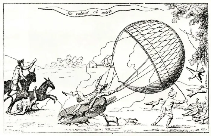 Framed Print : Satirical cartoon, Blanchard landing in a field Framed Print : Satirical cartoon, Blanchard landing in a field