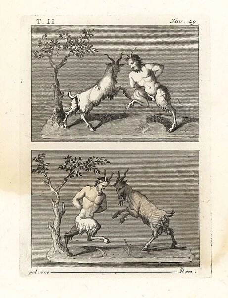 Two satyrs butting heads with goats