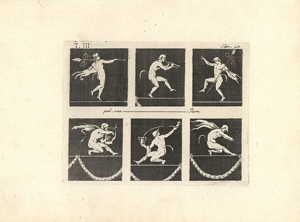 Six satyrs or fauns performing on a tightrope