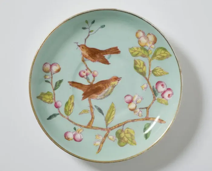 Framed Print : Saucer made from glazed hard-paste porcelain, decorated with a transfer-printed Framed Print : Saucer made from glazed hard-paste porcelain, decorated with a transfer-printed