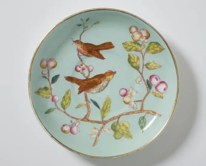 Framed Print : Saucer made from glazed hard-paste porcelain, decorated with a transfer-printed Framed Print : Saucer made from glazed hard-paste porcelain, decorated with a transfer-printed