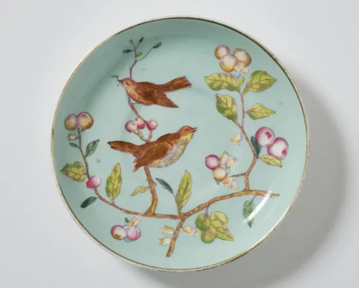 Framed Print : Saucer made from glazed hard-paste porcelain, decorated with a transfer-printed Framed Print : Saucer made from glazed hard-paste porcelain, decorated with a transfer-printed