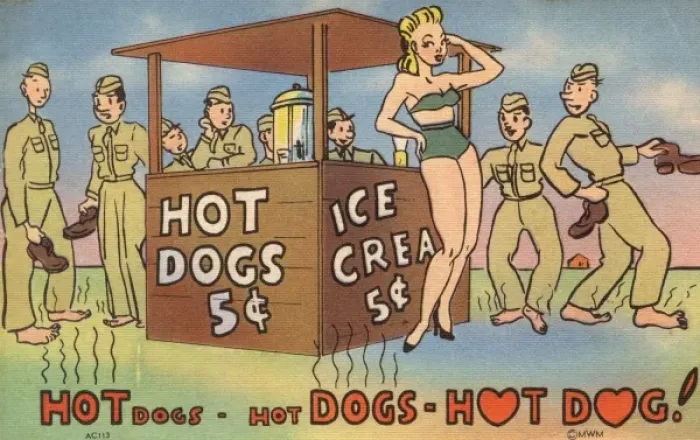 Framed Print : Saucy WWII Postcard - Hot Dog Stand