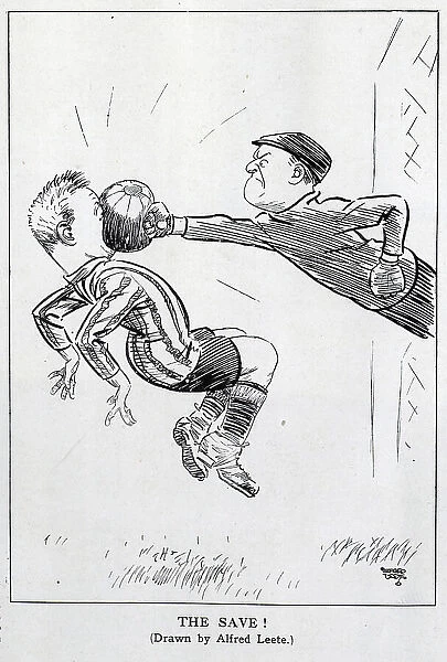 The Save!. Cartoon by Alfred Leete showing a close encounter with a determined goalkeeper