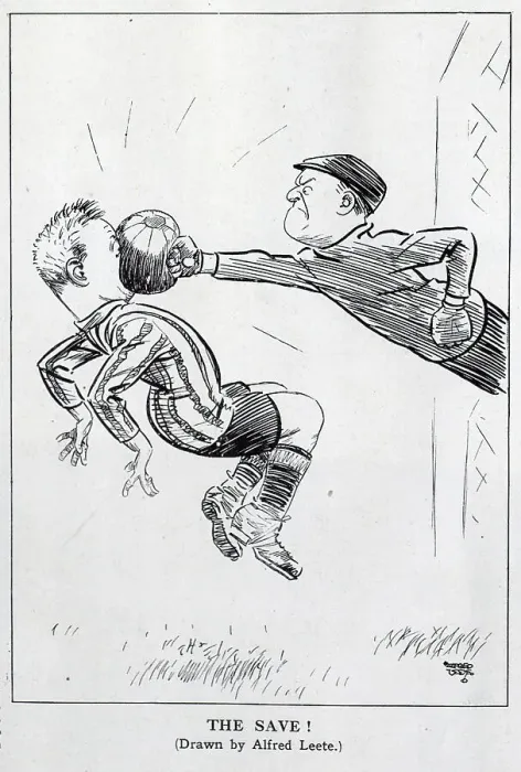Framed Print : The Save!. Cartoon by Alfred Leete showing a close encounter with a determined goalkeeper Framed Print : The Save!. Cartoon by Alfred Leete showing a close encounter with a determined goalkeeper