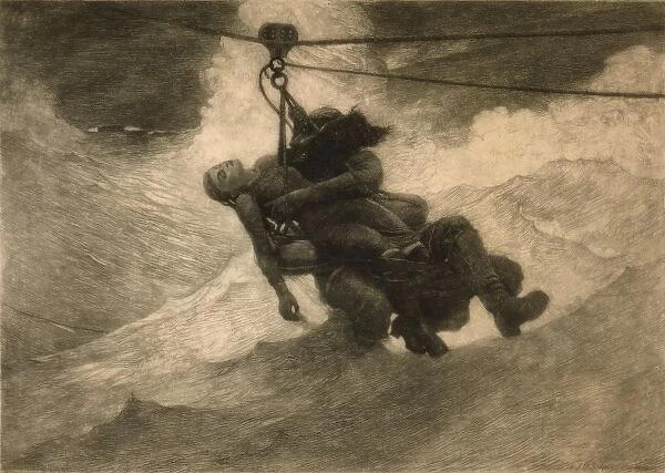 Saved. Woman being rescued from stormy sea. Date 1887, c1888