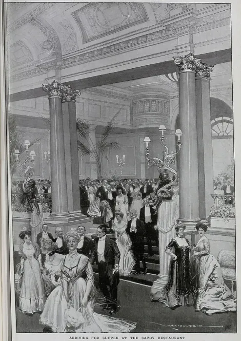 Framed Print : Savoy Hotel, illustration by Max Cowper, captioned Arriving for supper at the Savoy Restaurant'. From an article The Savoy Extension: A World Record by George R Sims Framed Print : Savoy Hotel, illustration by Max Cowper, captioned Arriving for supper at the Savoy Restaurant'. From an article The Savoy Extension: A World Record by George R Sims