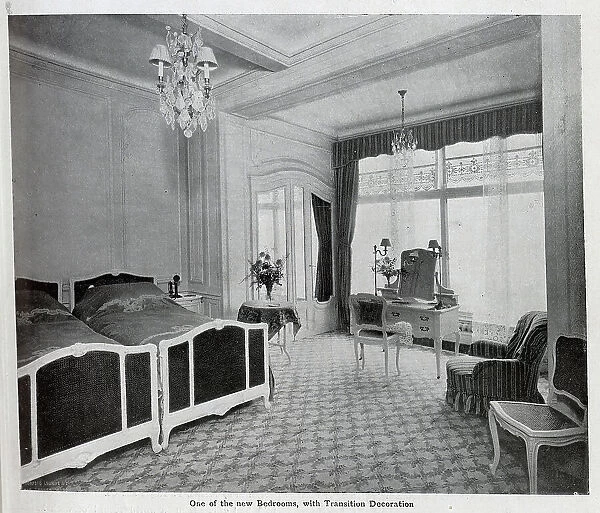 Savoy Hotel new bedroom, captioned One of the new Bedrooms, with Transition Decoration'. From an article The Savoy Extension: A World Record by George R Sims