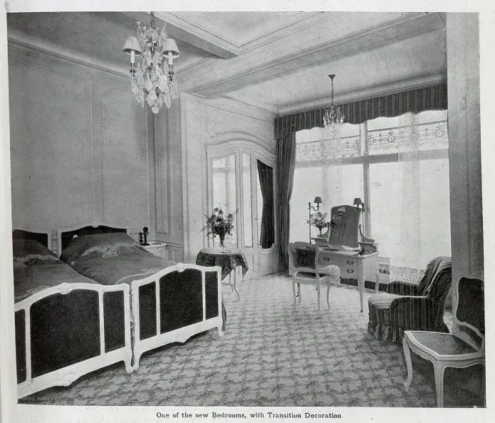 Framed Print : Savoy Hotel new bedroom, captioned One of the new Bedrooms, with Transition Decoration'. From an article The Savoy Extension: A World Record by George R Sims Framed Print : Savoy Hotel new bedroom, captioned One of the new Bedrooms, with Transition Decoration'. From an article The Savoy Extension: A World Record by George R Sims