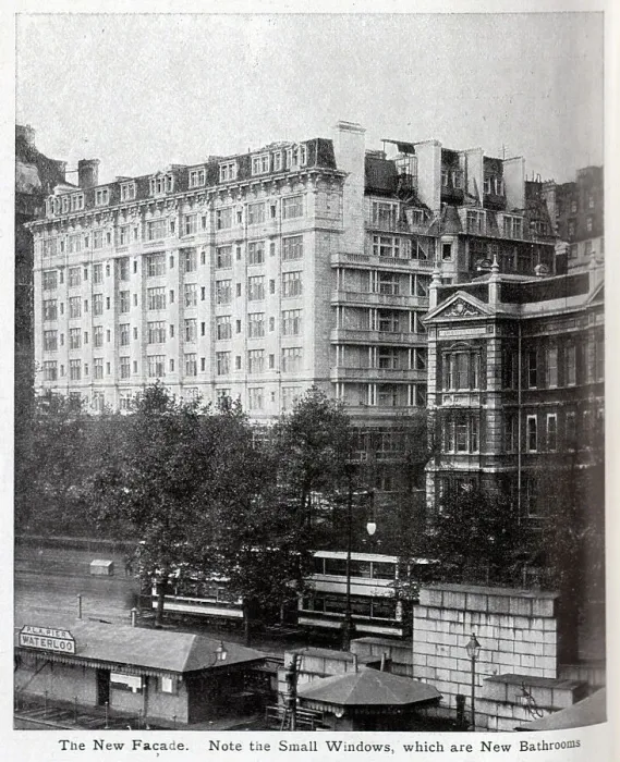 Framed Print : Savoy Hotel new facade, captioned The New Facade. Note the Small Windows, which are New Bathrooms'. From an article The Savoy Extension: A World Record by George R Sims Framed Print : Savoy Hotel new facade, captioned The New Facade. Note the Small Windows, which are New Bathrooms'. From an article The Savoy Extension: A World Record by George R Sims