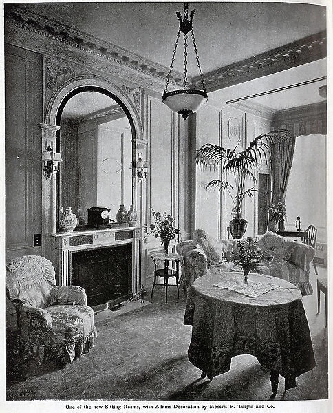 Savoy Hotel new sitting room, captioned One of the new Sitting Rooms, with Adams Decoration by Messrs P Turpin and Co'. From an article The Savoy Extension: A World Record by George R Sims