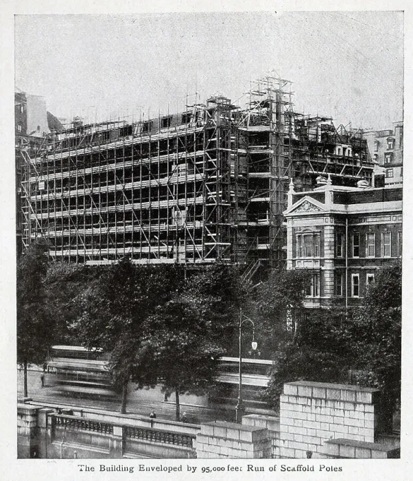 Framed Print : Savoy Hotel in scaffolding, captioned The Building Enveloped by 95, 000 feet Run of Scaffold Poles'. From an article The Savoy Extension: A World Record by George R Sims Framed Print : Savoy Hotel in scaffolding, captioned The Building Enveloped by 95, 000 feet Run of Scaffold Poles'. From an article The Savoy Extension: A World Record by George R Sims