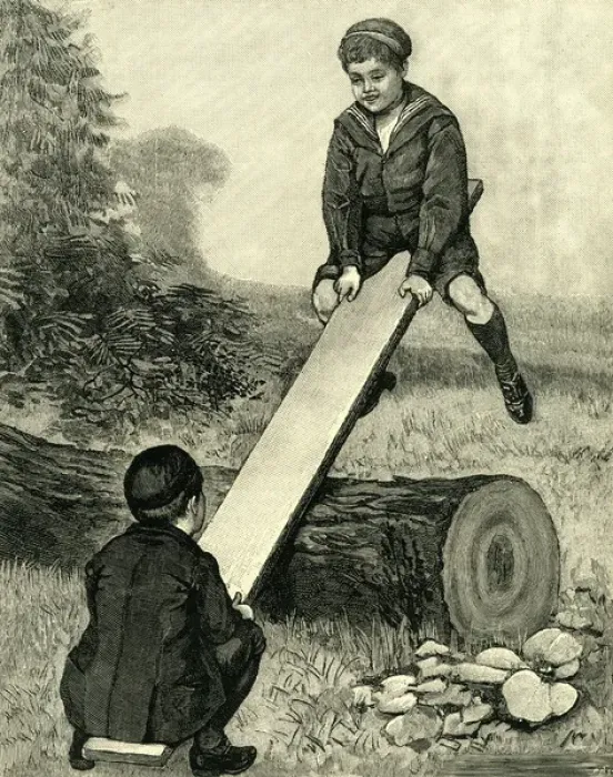 Framed Print : See saw. Victorian boys astride a see saw.Date: circa 1890 Framed Print : See saw. Victorian boys astride a see saw.Date: circa 1890