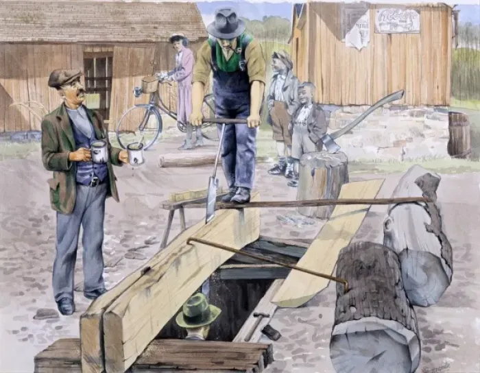 Framed Print : Sawing a large plank Framed Print : Sawing a large plank
