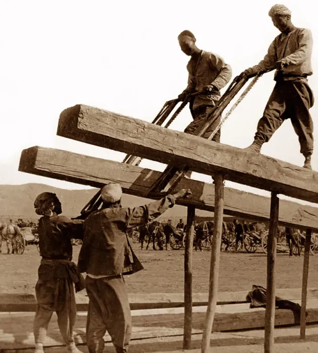 Framed Print : Sawing timber, Manchuria, China Framed Print : Sawing timber, Manchuria, China