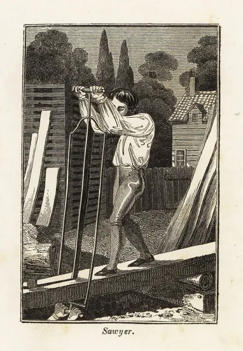 Framed Print : Sawyers cutting timber with a large saw in a lumber yard Framed Print : Sawyers cutting timber with a large saw in a lumber yard