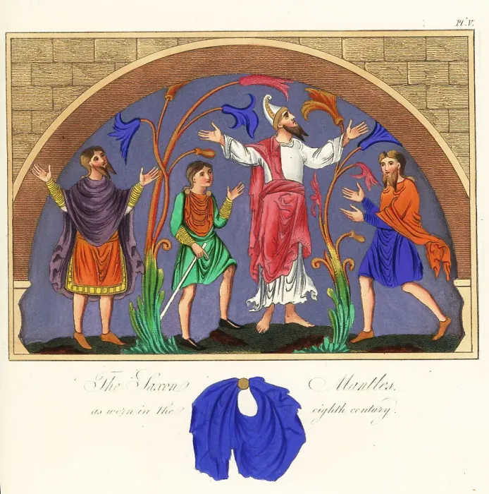 Framed Print : Saxon noble in Phrygian cap and others in mantles, 8th century Framed Print : Saxon noble in Phrygian cap and others in mantles, 8th century