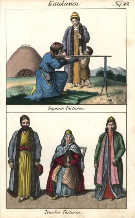 Framed Print : Sayan Tatar man firing a musket, and three Framed Print : Sayan Tatar man firing a musket, and three