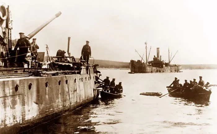 Framed Print : Scapa Flow, Crew of German destroyer taking to Framed Print : Scapa Flow, Crew of German destroyer taking to