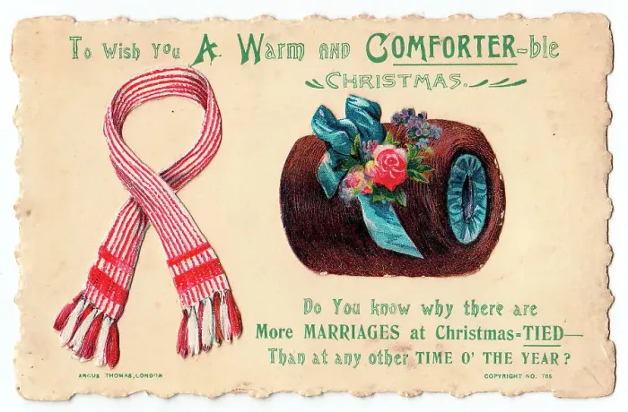 Framed Print : Scarf and hand muff with comic verse on a Christmas card Framed Print : Scarf and hand muff with comic verse on a Christmas card