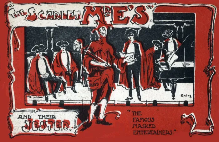 Framed Print : The Scarlet Mr Es and their Jester, the Famous Masked Entertainers, Palace Theatre Framed Print : The Scarlet Mr Es and their Jester, the Famous Masked Entertainers, Palace Theatre